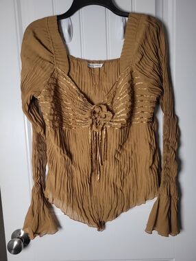 Y2K Tan Long-Sleeve Pleated Blouse with Front Floral Detail by Kaelyn-Max Boho
